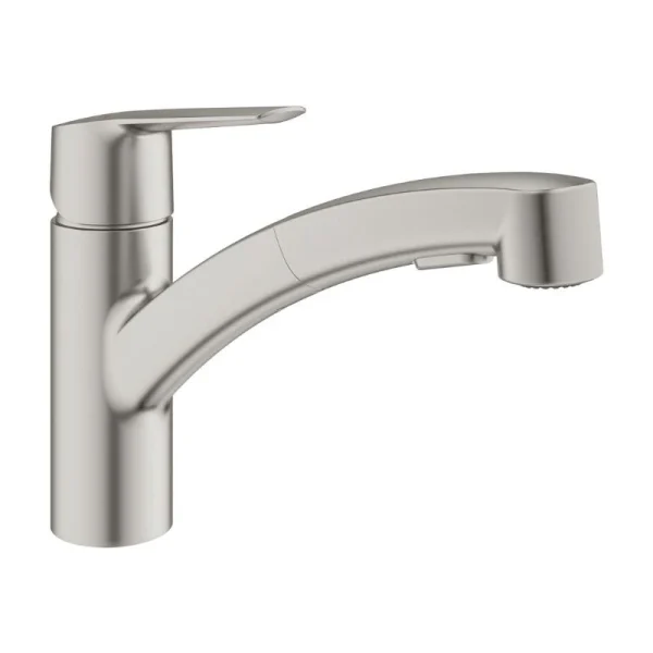 Mitigeur évier START GROHE 30307DC1 QuickFix Plus – Bec Bas – Douchette 2 Jets – Rotation 90° – Inox Brossé 1