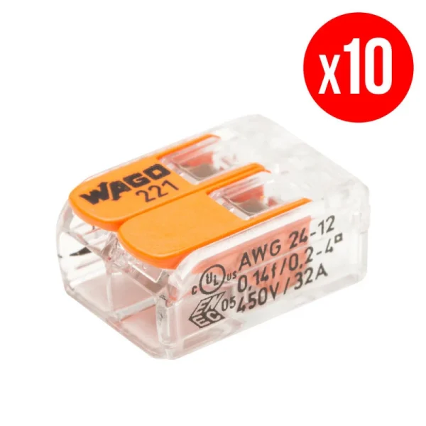 Pack De 10 Bornes De Connexion Rapide à Levier WAGO 2 Entrées Fil Souple Et Rigide – S221 1