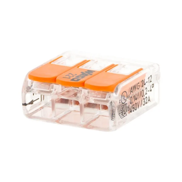 Pack De 100 Bornes De Connexion Rapide à Levier WAGO 3 Entrées Fil Souple Et Rigide – S221 1