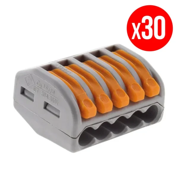 Pack De 30 Bornes De Connexion Rapide A Levier WAGO 5 Entrées Fil Souple Et Rigide – S222 1