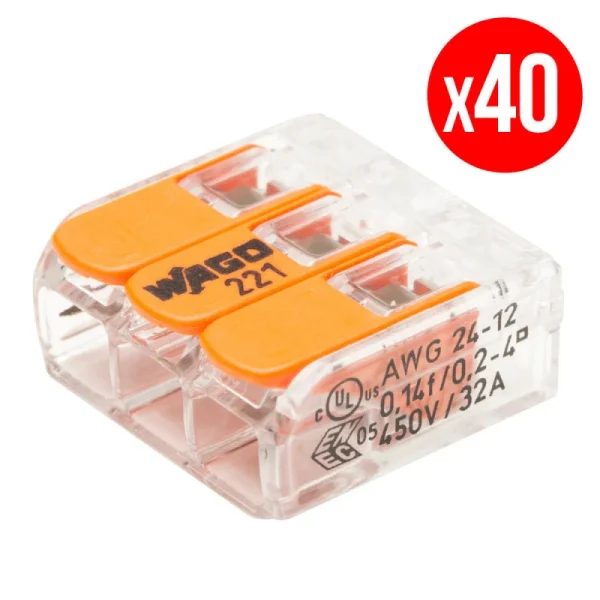 Pack De 40 Bornes De Connexion Rapide A Levier WAGO 3 Entrées Fil Souple Et Rigide – S221 1