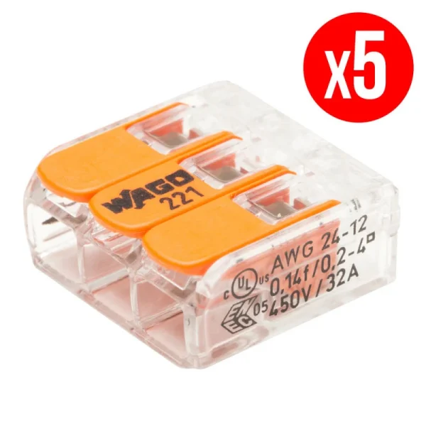 Pack De 5 Bornes De Connexion Rapide à Levier WAGO 3 Entrées Fil Souple Et Rigide – S221 1