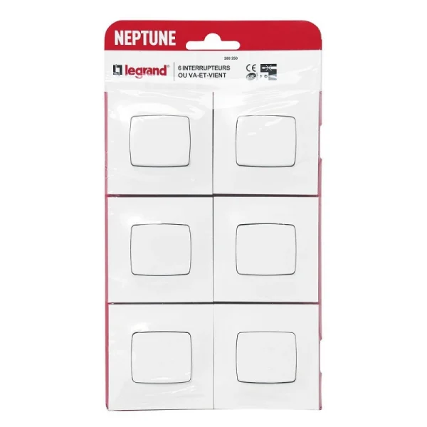 Pack De 6 Interrupteurs Neptune – Va-et-vient – Blanc LEGRAND 1